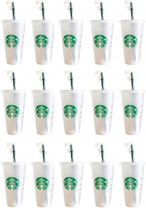 Starbucks 15 Pack Bundle - Reusable Frosted 24 Oz Cold Cup With Lid And Green Straw W/Stopper Cups Gröna | GWQ587614