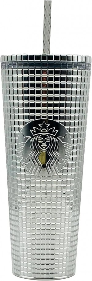 Starbucks 2023 Holiday Silver Chrome Grid Tumbler 24oz Venti Size Tumbler Silver | BVT823570